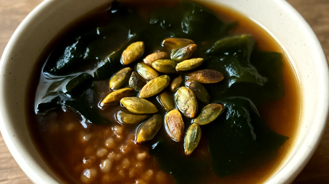 Buchweizen-Miso-Suppe mit Wakame-Algen und gerösteten Kürbiskernen"