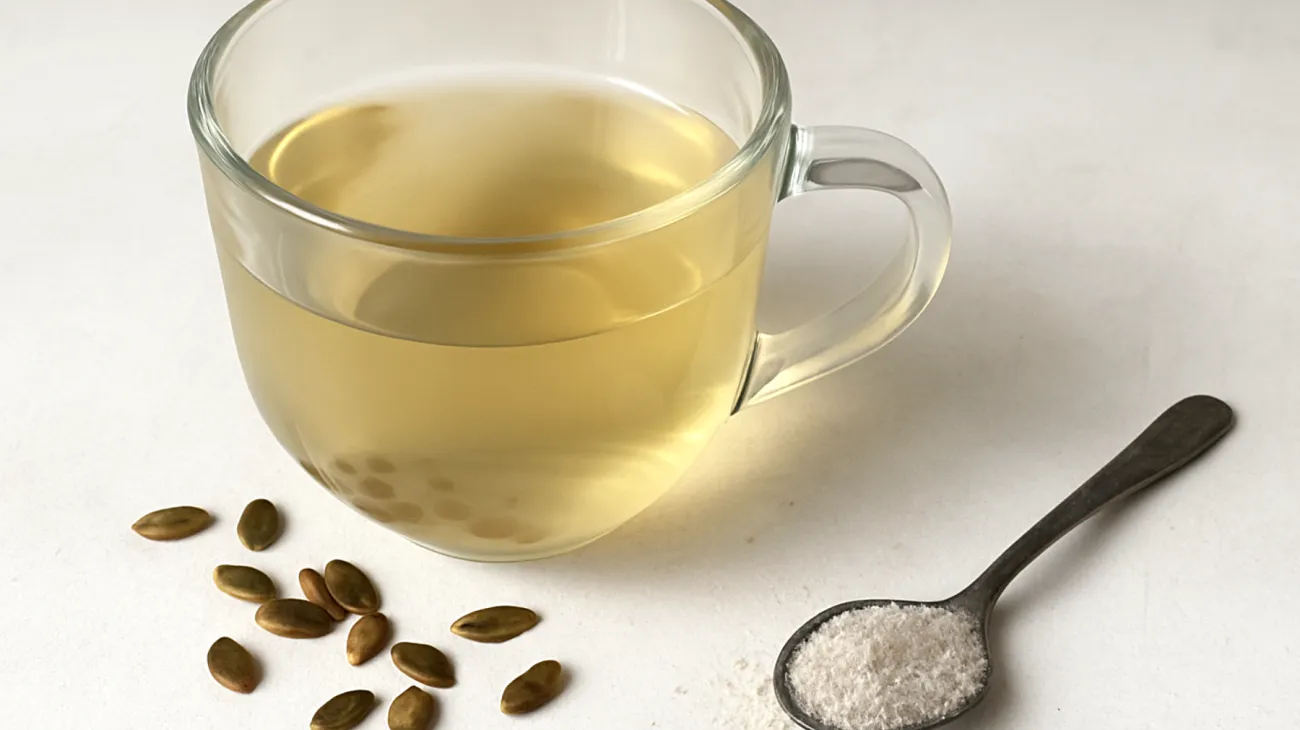Fenchel-Anis-Tee mit gerösteten Kürbiskernen und einem Teelöffel Flohsamenschalen"