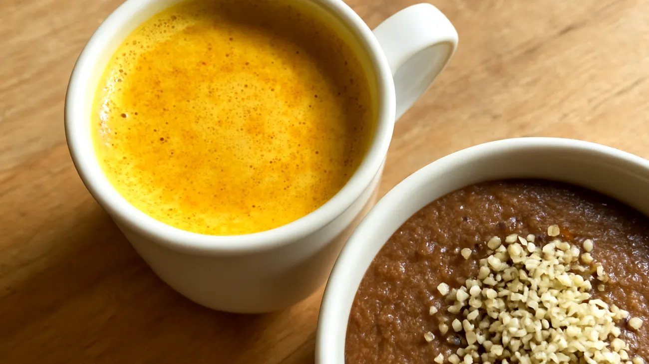 Goldene Milch mit Teffbrei und Hanfsamen"