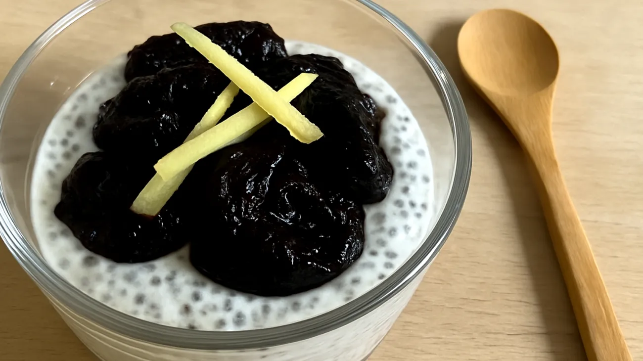 Kefir-Chia-Pudding mit fermentierten Pflaumen und Ingwer"