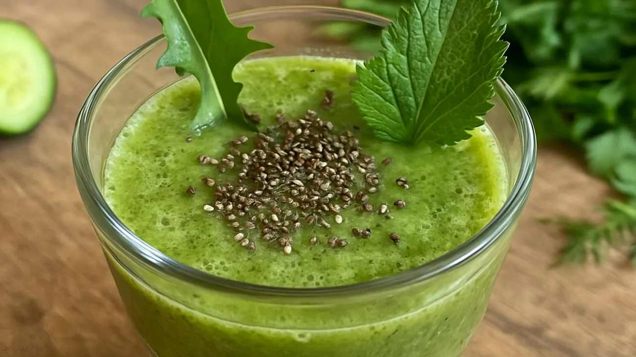 Löwenzahn-Brennnessel-Smoothie mit Gurkensaft und Chiasamen"