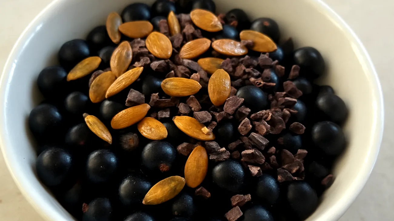 Maqui-Beeren mit gerösteten Kürbiskernen und Kakao-Nibs"