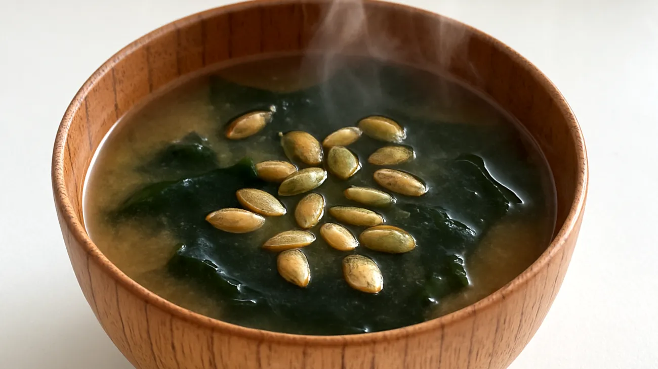 Miso-Suppe mit Wakame-Algen und gerösteten Kürbiskernen"
