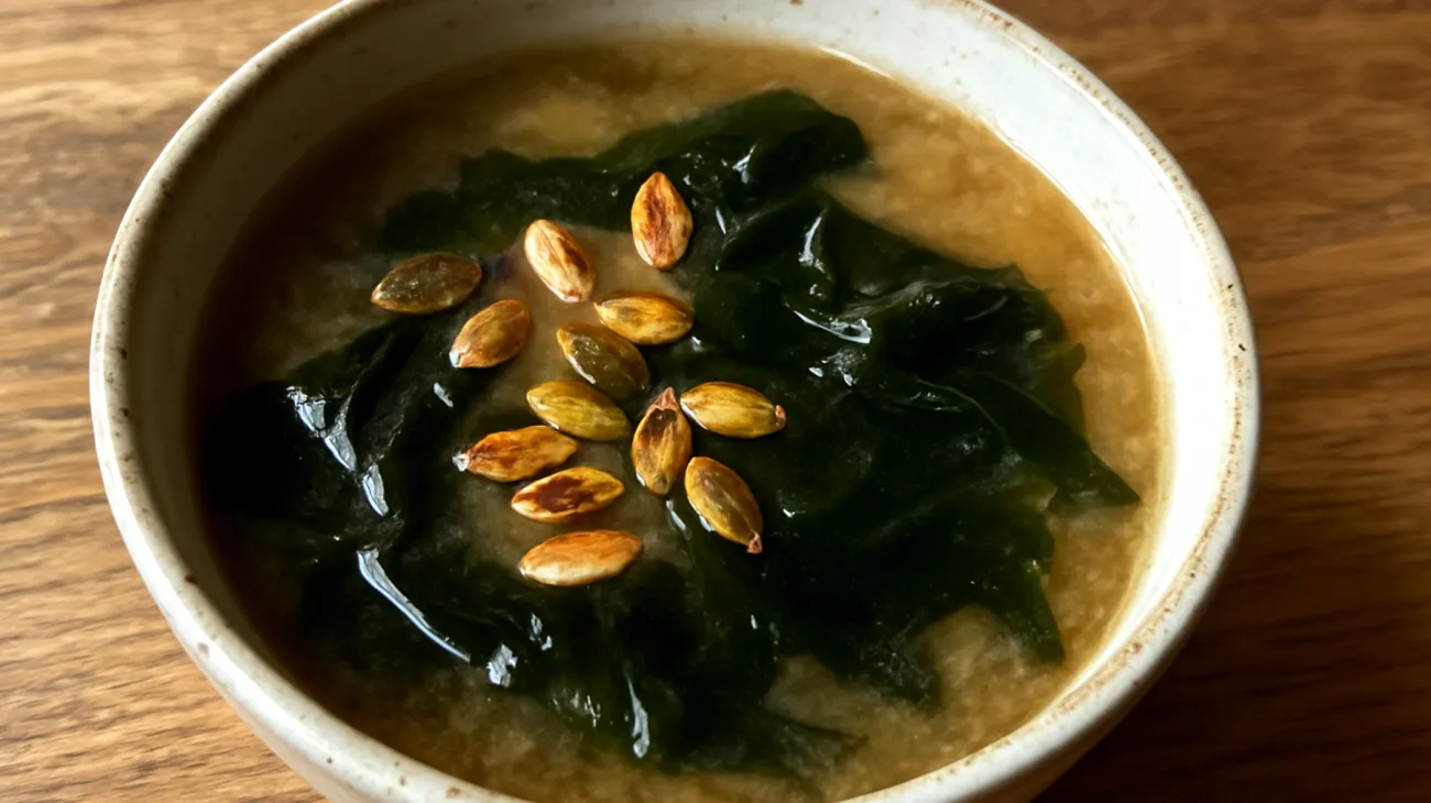 Miso-Suppe mit Wakame-Algen und gerösteten Kürbiskernen"