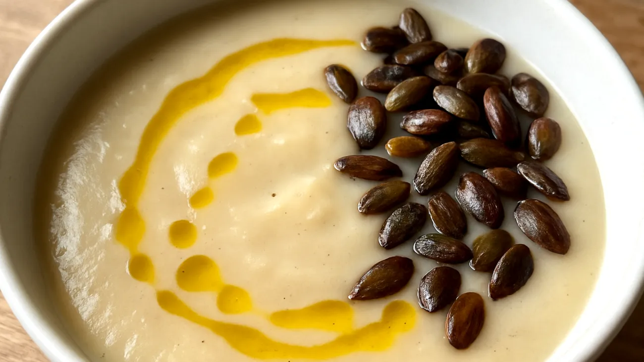 Topinambur-Suppe mit gerösteten Kürbiskernen und Leindotteröl"